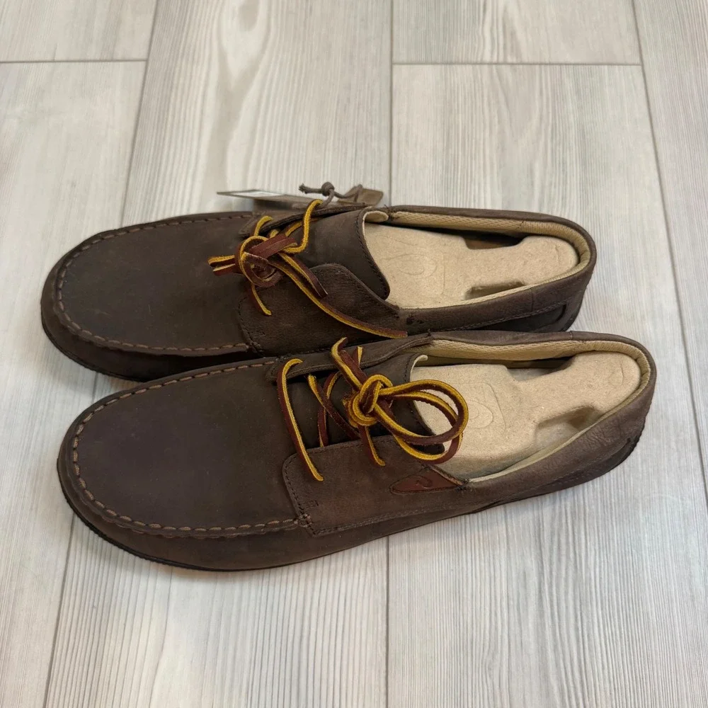 NEW OluKai Mano Mens Leather Boat Shoes Dark Wood Brown Loafers Size 14
